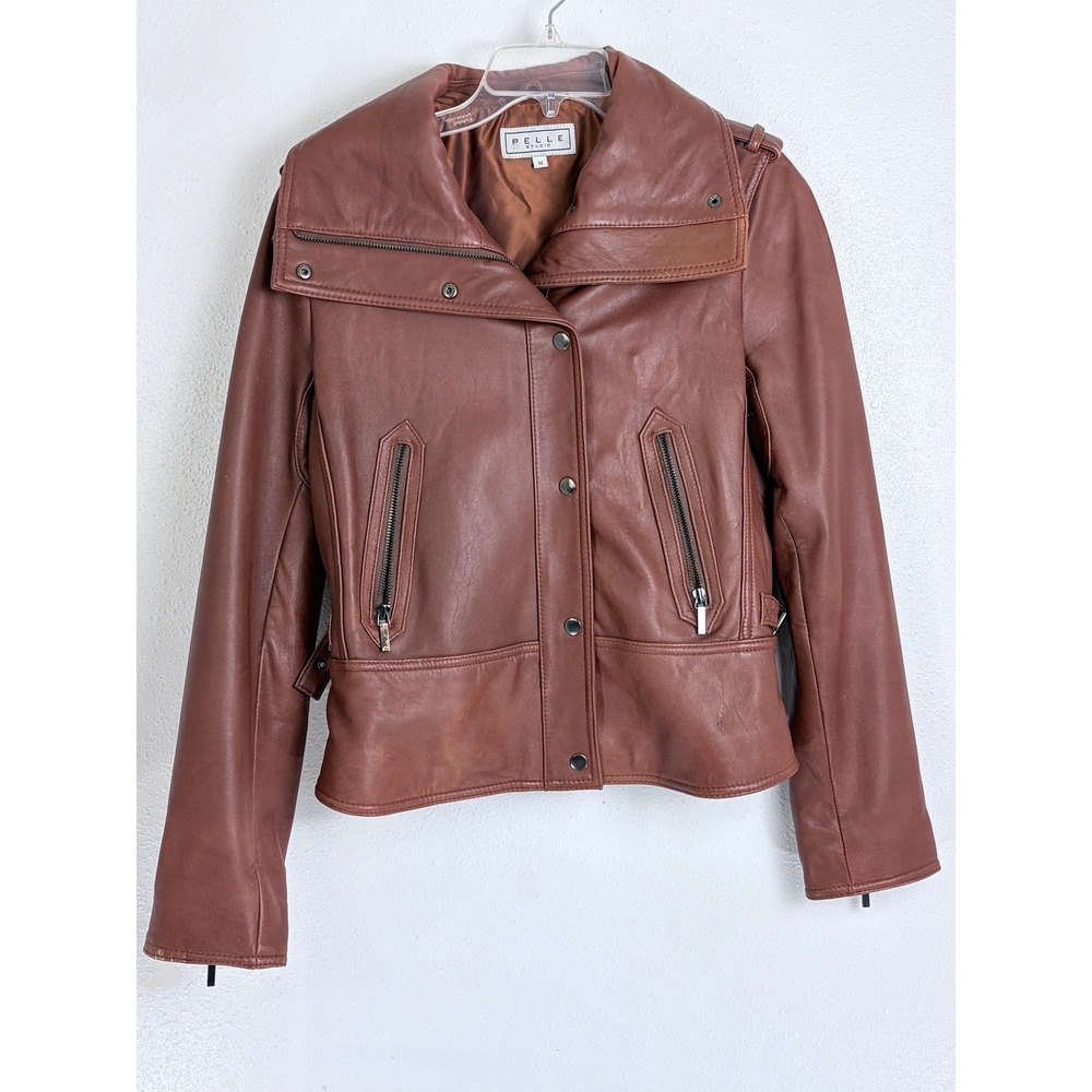 Y2K Vintage Leather Moto Jacket Cognac Brown Pelle Studio Funnel Neck M